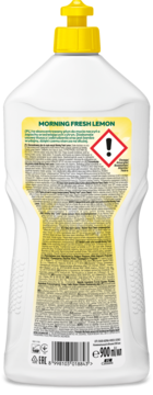 Tył białej butelki płynu Morning Fresh Lemon 900ml z żółtą nakrętką, etykietą, kodem kreskowym i ostrzeżeniem.