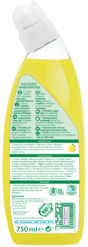 Tył żółtej butelki cytrynowego środka do czyszczenia toalet 750ml, z białym korkiem i etykietą z opisem.