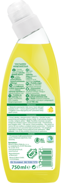 Tył żółtej butelki Frosch Cytryna 750ml z białą nakrętką i zieloną etykietą, widoczne info o składzie.