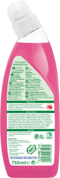 Tył różowej butelki Frosch Płyn do wc z octem malinowym 750ml, widoczny pod kątem, z etykietami eko.