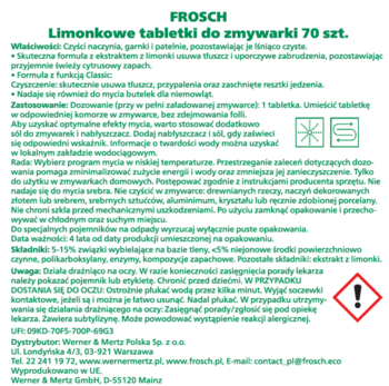 Etykieta Frosch Limonkowe Classic tabletki do zmywarki 70 szt., czyści naczynia, chroni szkło, po polsku.