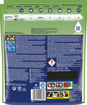 Tył opakowania tabletek Finish Powerball Ultimate Deep Clean & Shine, zielono-niebieskiej saszetki z informacjami i ostrzeżeniami.