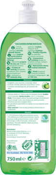 Tył zielonej butelki płynu do naczyń Frosch Limonka 750ml, z etykietą i informacjami o składzie.