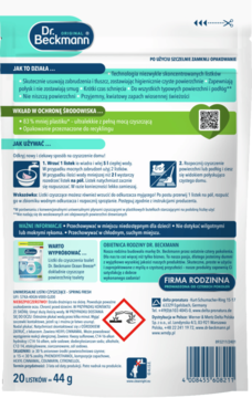 Tył opakowania listków czyszczących Dr. Beckmann Spring Fresh, białe z zielonymi akcentami, instrukcje, kod QR.