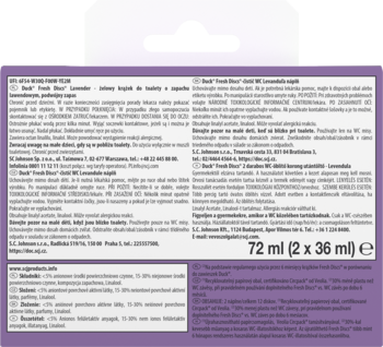 Tył fioletowego opakowania Duck Fresh Discs lawendowy żelowy krążek do toalety, widoczne informacje i skład.