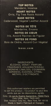 Tył czarnego opakowania perfum Hugo Boss z białym tekstem: nuty zapachowe, skład i informacje producenta.