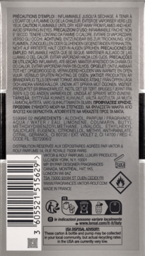 Tył szarego opakowania perfum Viktor & Rolf Spicebomb, z listą składników, ostrzeżeniami i symbolami prawnymi.