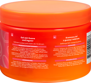 Tył pomarańczowego słoiczka Cantu Guava & Ginger, krem do loków, z polskim i niemieckim opisem.