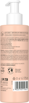 Tył brzoskwiniowej butelki kremu Neboa Just Curly 175ml z białą pompką, widoczne etykiety i kod kreskowy.