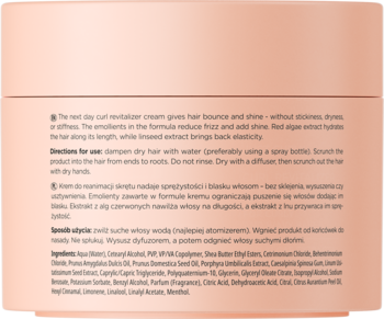 Tył kremu Neboa by Curly Madeleine do reanimacji skrętu. Brzoskwiniowe opakowanie z tekstem, widoczny skład.