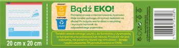 Tył opakowania torebek z suwakiem 1,5L z napisem Bądź EKO, ikonami recyklingu i wymiarami.