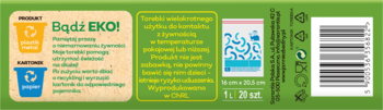 Tył zielonego opakowania torebek strunowych EKO 1L 20szt. z ikonami recyklingu i opisem.