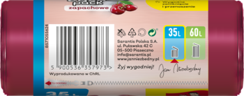 Tył różowego opakowania zapachowych worków na śmieci Jan Niezbędny Easy Pack 35L, z kodem kreskowym i oznaczeniem 35L.