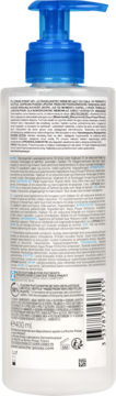 Tył białej butelki La Roche Posay Lipikar Syndet AP+ krem myjący 400ml z niebieską pompką, etykiety z tekstem.