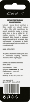 Tył opakowania instrumentu Ewa Schmitt do pielęgnacji okołopaznokciowej, z opisem, informacjami producenta i kodem kreskowym.