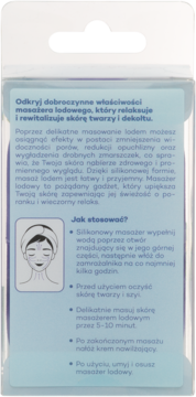 Tył opakowania silikonowego masażera lodowego do twarzy i dekoltu, z polską instrukcją użycia i ilustracją.