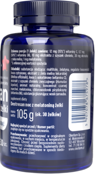 Tył niebieskiej butelki Destresan noc z melatoniną żelki, z czytelną listą składników i informacjami.