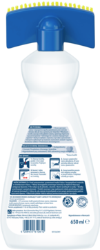 Tył białej butelki Dr. Beckman odplamiacza dla zwierząt 650 ml, z niebieską wbudowaną szczotką i żółtym włosiem.