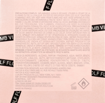 Zbliżenie na tył różowego opakowania perfum Viktor & Rolf Flowerbomb z opisem i ikonami ostrzegawczymi.
