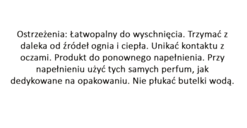 Czarne napisy z ostrzeżeniami i instrukcjami uzupełniania flakonu perfum Armani Si Passione na białym tle.