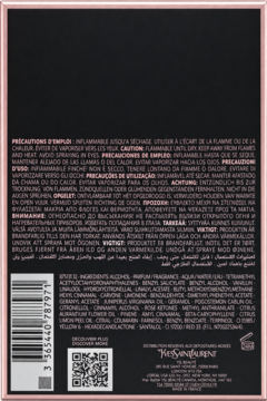 Tył czarnego opakowania perfum Yves Saint Laurent Black Opium z różowym obramowaniem, widoczne składniki i kod QR.
