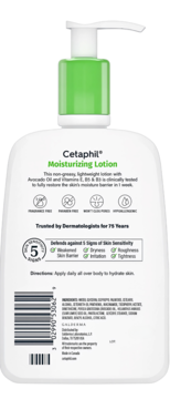 Tył białej butelki Cetaphil Moisturizing Lotion z zieloną pompką, składniki z avocado oil i witaminami.