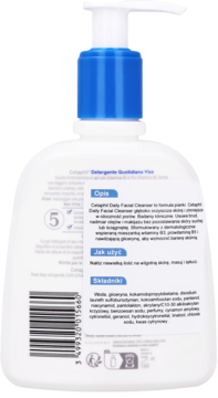 Widok z tyłu białej butelki Cetaphil Daily Facial Cleanser z niebieską pompką, widoczna etykieta ze składem.