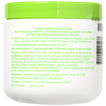 Cetaphil Krem Nawilżający, białe opakowanie z zieloną zakrętką, tył z czytelną listą składników. Idealny dla suchej skóry.