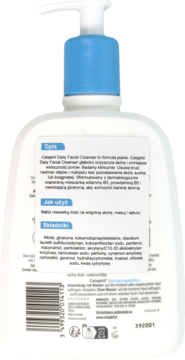 Tył białej butelki Cetaphil Daily Facial Cleanser z niebieską pompką i etykietą z opisem po polsku.