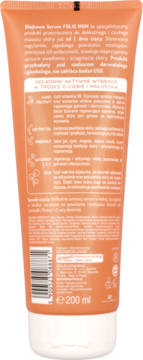 Tył pomarańczowego serum FOLIC MOM 200ml do masażu, z białym tekstem i kodem.