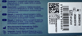 Tył opakowania All Vue Colors Plus: etykieta z danymi producenta, kodem kreskowym i datami ważności.