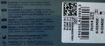 Tył opakowania miesięcznych soczewek All Vue Colors Plus. Widoczne informacje, kod kreskowy, data ważności.