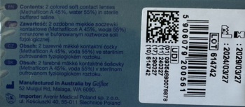 Tył opakowania brązowych miesięcznych soczewek All Vue Colors Plus, z kodami kreskowymi i datami ważności.