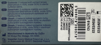 Tylna strona ciemnego opakowania kolorowych soczewek All Vue Colors Plus, z opisem i kodem kreskowym.