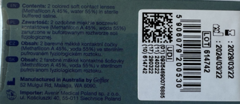 Tył opakowania brązowych soczewek All Vue Colors Plus z opisem, kodem kreskowym i danymi producenta.