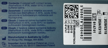 Tył opakowania miesięcznych soczewek All Vue Colors Plus, z danymi producenta, składem, kodem i terminem ważności.