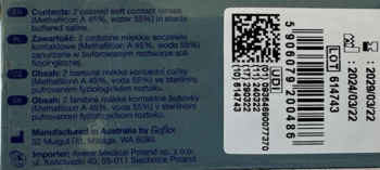 Tył opakowania zielonych miesięcznych soczewek All Vue Colors Plus z kodem kreskowym i danymi.