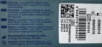 Tył opakowania soczewek All Vue Colors Plus z białą etykietą, kodem, datami ważności i opisem zawartości.