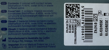 Tył ciemnego opakowania miesięcznych soczewek kontaktowych All Vue Colors Plus; widoczne kody i dane producenta.