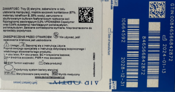 Miesięczne soczewki Air Optix Plus HydraGlyde, tył opakowania z kodami, moc -3,25, data ważności 2024.