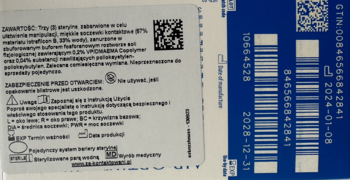 Tył biało-niebieskiego opakowania miesięcznych soczewek Air Optix Plus HydraGlyde z polskim tekstem i kodami.