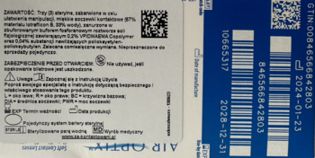 Dwuczęściowa etykieta miesięcznych soczewek Air Optix Plus HydraGlyde, biała, niebieska z datami i kodami.