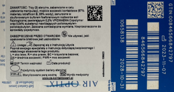 Tył opakowania soczewek Air Optix Plus HydraGlyde, białe z niebieskim bokiem, kody kreskowe i tekst PL.