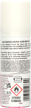 Tył białej puszki suchego szamponu Batiste Blush, z polskim tekstem, kodem kreskowym i ostrzeżeniem "ŁATWOPALNE".