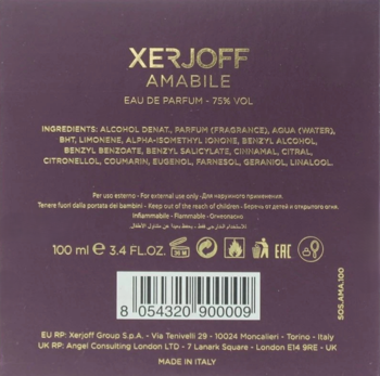Tył fioletowego opakowania perfum Xerjoff Amabile Eau de Parfum 100 ml ze złotym tekstem składników.