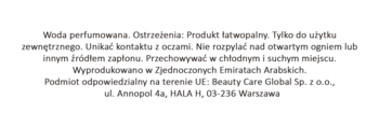 Polska etykieta z ostrzeżeniami dla wody perfumowanej. Widoczne informacje o łatwopalności i dystrybutorze Beauty Care Global.