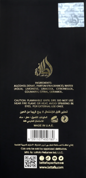 Czarny tył opakowania perfum Lattafa z widocznym złotym logo, szczegółową listą składników, ostrzeżeniami, kodem kreskowym.