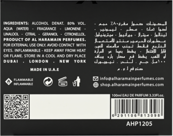 Tył czarnego opakowania Al Haramain Noir Eau de Parfum. Widoczne białe napisy, składniki, ostrzeżenia, 100ml i kod AHP1205.