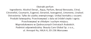 Tył opakowania Azlan Oud perfum z pełną listą składników, polskimi ostrzeżeniami i danymi producenta.