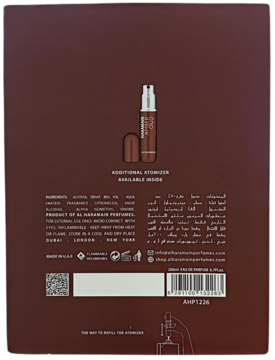 Tył ciemnobrązowego pudełka perfum Al Haramain Amber Oud Tobacco Edition 20ml z instrukcją atomizera.